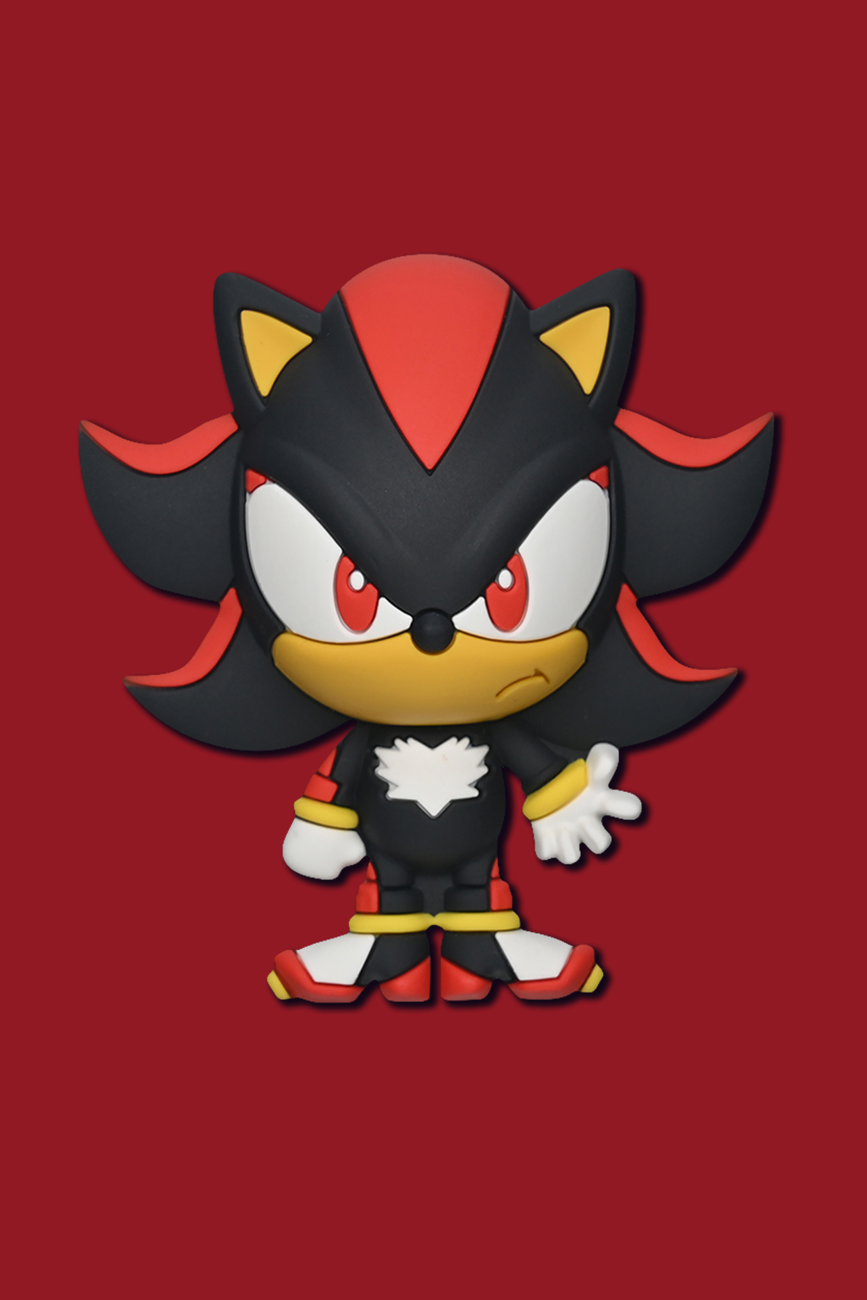 Cartoon character with black, red, and yellow colors on a red background