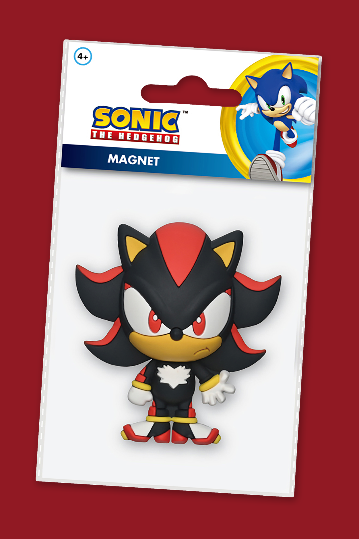 Sonic the Hedgehog magnet packaging with character on a red background