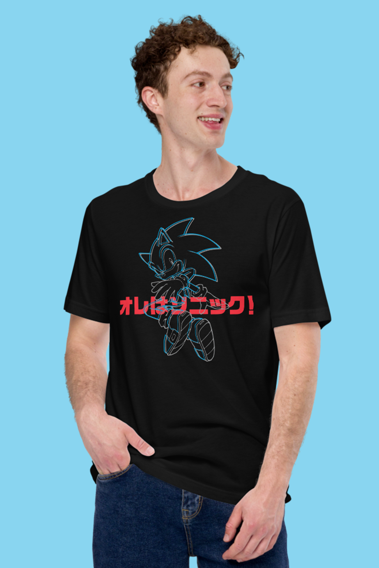 Person wearing a black t-shirt with a graphic design and text on a blue background