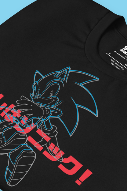 Black hoodie with Sonic the Hedgehog design on a blue background