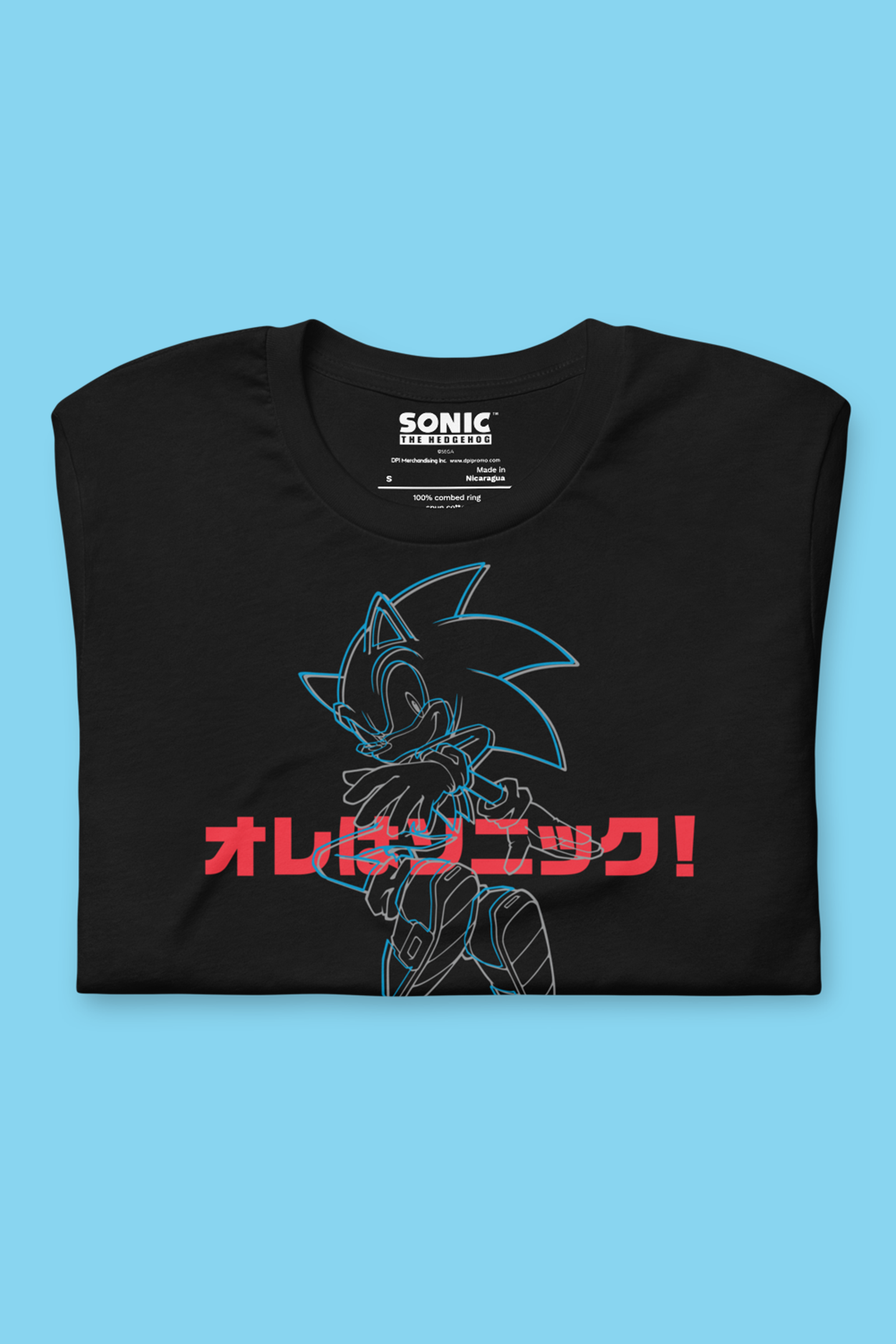 Black t-shirt with Sonic the Hedgehog design and Japanese text on a blue background