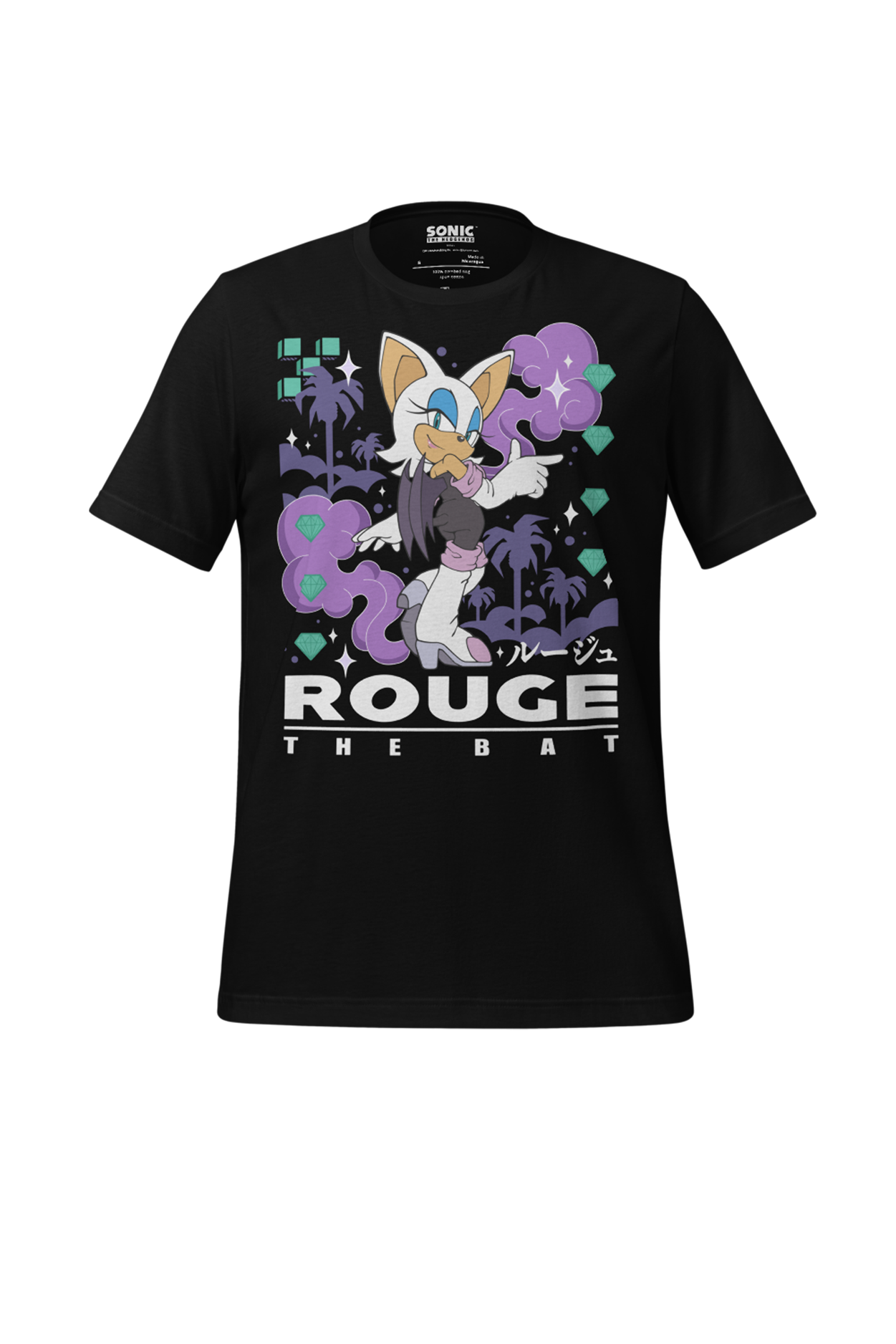 Black t-shirt with 'Rouge the Bat' graphic design on a white background