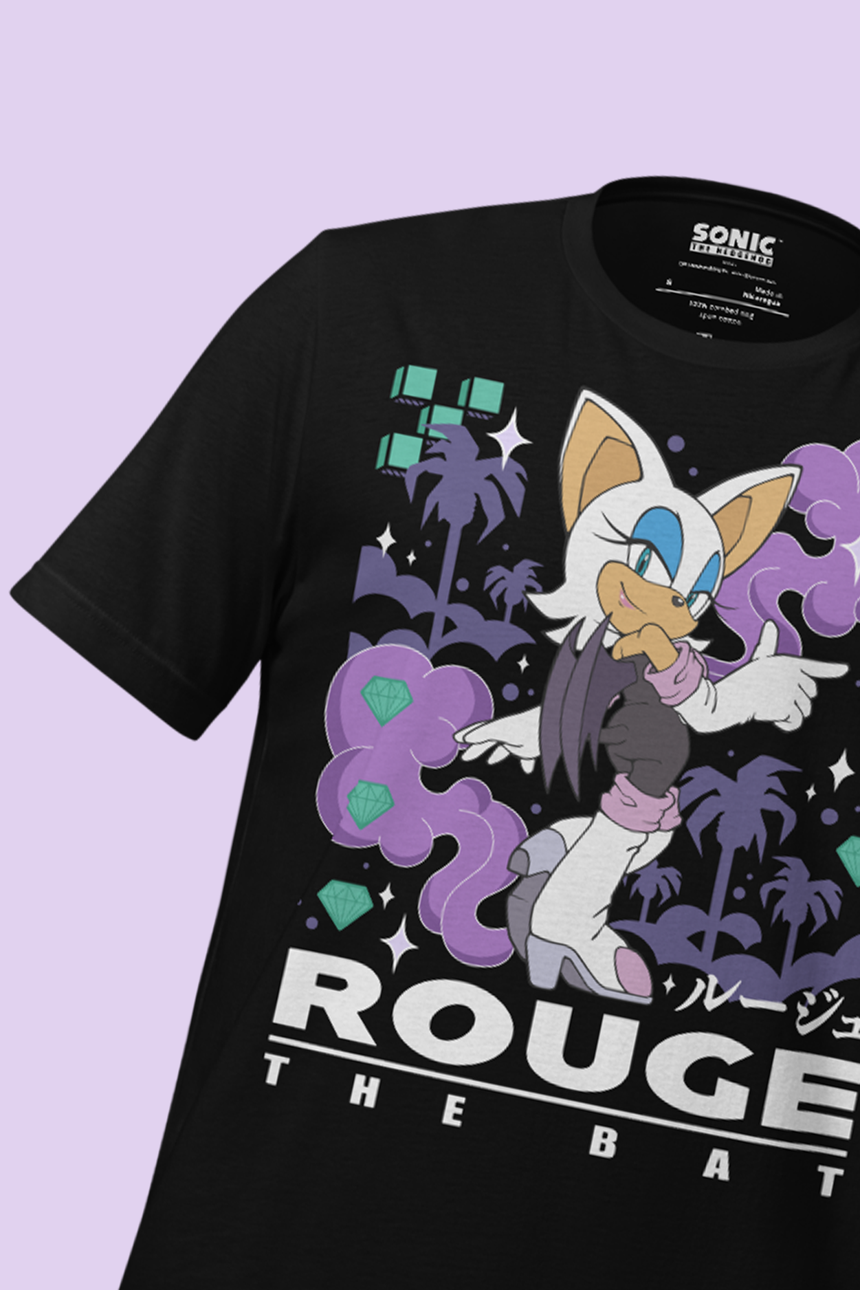 Black t-shirt with 'Rouge the Bat' graphic design on a light purple background