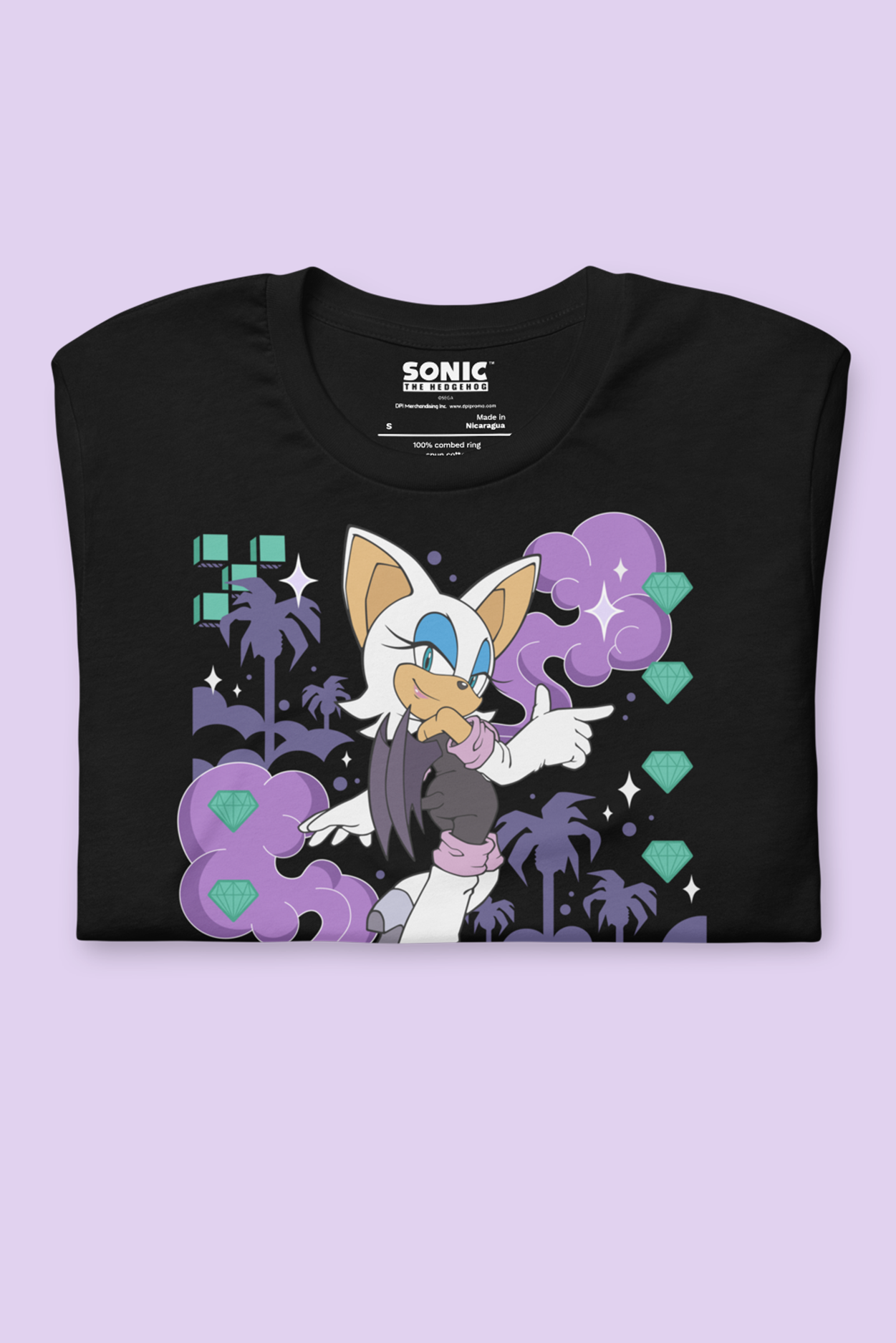 Black t-shirt with a character design and 'Sonic' branding on a light purple background