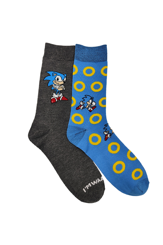 Two socks, one gray and one blue with cartoon character design, on a white background.