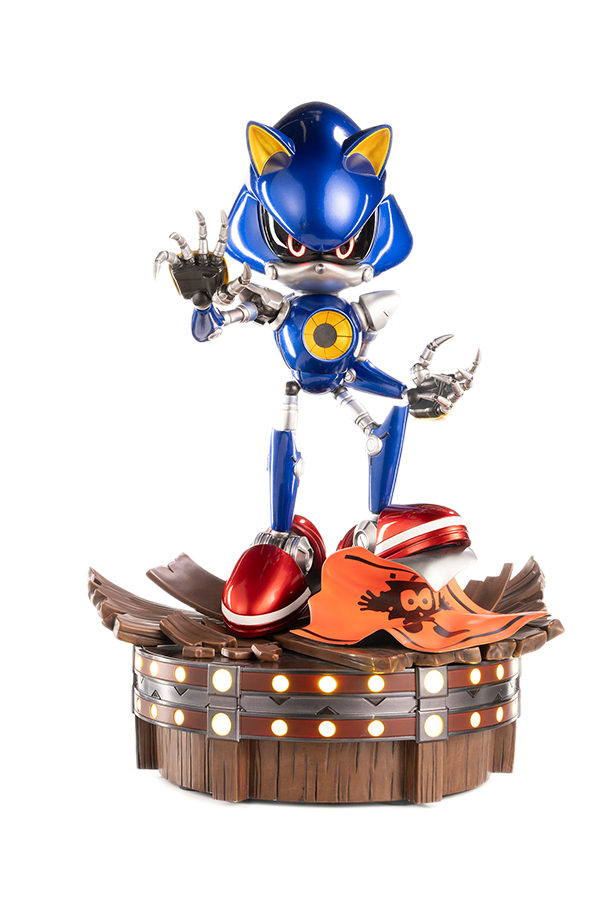 Blue robot-like figure with red shoes on a wooden platform with lights, on a white background