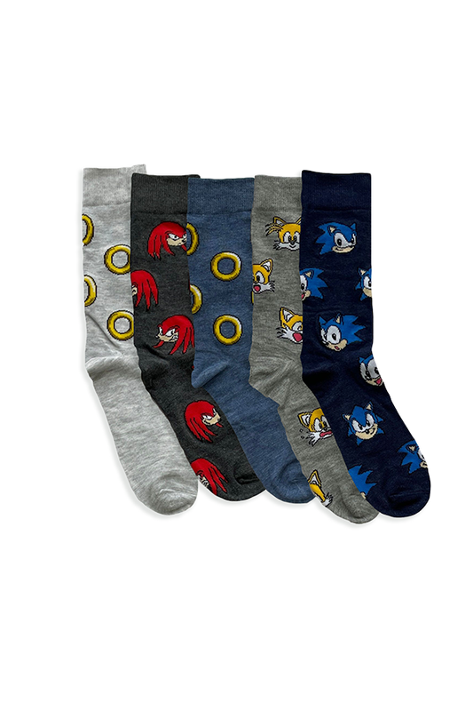 Set of four pairs of socks with cartoon character designs on a white background